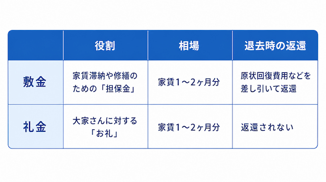 敷金と礼金の違いを比較した表。敷金は家賃滞納や修繕のための「担保金」で、相場は家賃1〜2ヶ月分、退去時に原状回復費用などを差し引いて返還される。礼金は大家さんに対する「お礼」で、相場は家賃1〜2ヶ月分、退去時に返還されない。